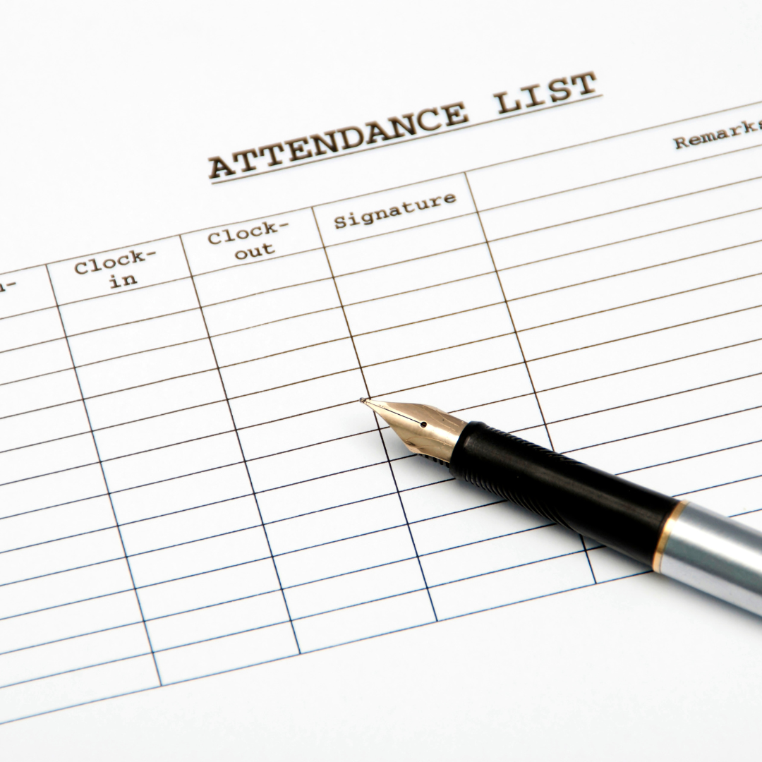 attendance "check-in" list representing traditional attendance system, with black pen
