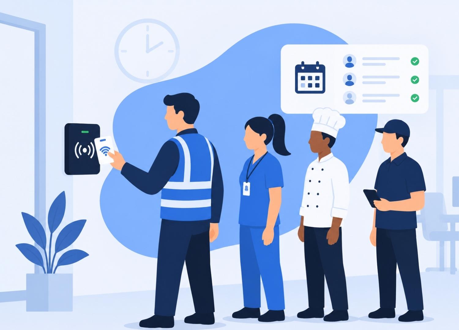 A graphic of different people checking in using a time and attendance system