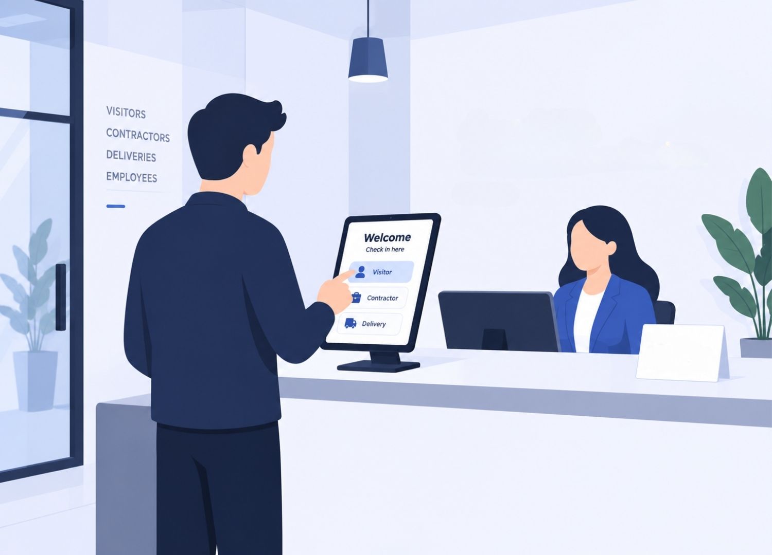 A graphic showing a visitor signing in through an tablet kiosk